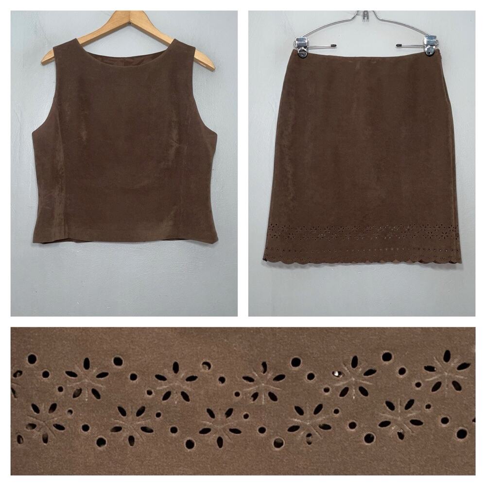Vintage Brown Faux Suede Outfit Size 10 Pencil Skirt Top Western Scallop Eyelet